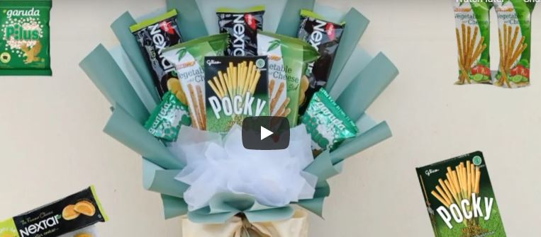CARA MEMBUAT BUKET SNACK POCKY - NEXTAR - BISKUIT - TEMA WARNA HIJAU